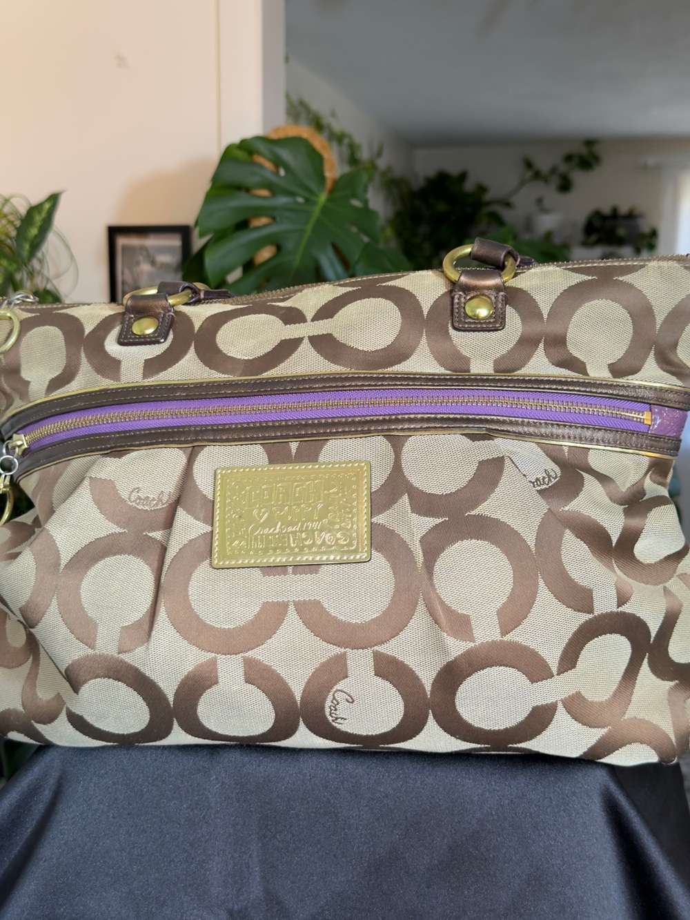 Vintage Coach Poppy Op Art Glam Tote Bag Khaki Purple Teal Lining -No 15331
